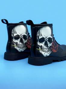 萬聖節骷髏玫瑰印花女裝戶外防水防滑耐磨舒適高筒繫帶靴 - 彩色 - 查看 2