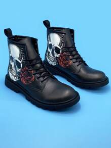萬聖節骷髏玫瑰印花女裝戶外防水防滑耐磨舒適高筒繫帶靴 - 彩色 - 查看 4