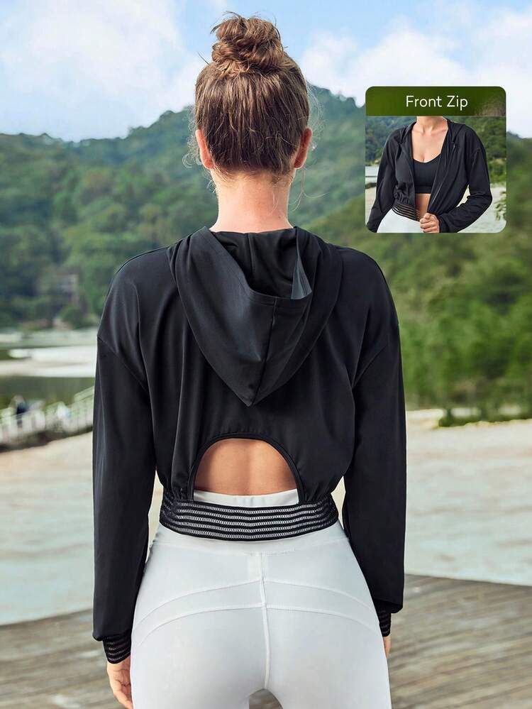 Cut Out Back Drop Shoulder Hooded Crop Sports Jacket