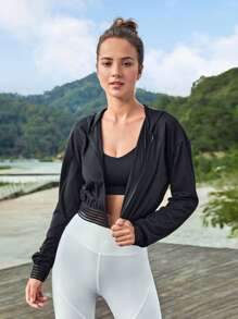 Easithlete Cut Out Back Drop Shoulder Hooded Crop Sports Jacket - Black - View 3