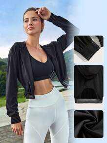 Easithlete Cut Out Back Drop Shoulder Hooded Crop Sports Jacket - Black - View 1