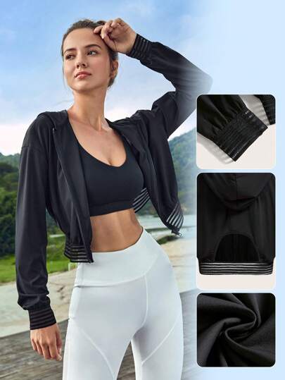 Easithlete Cut Out Back Drop Shoulder Hooded Crop Sports Jacket