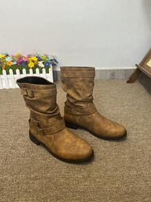 New Arrival Women's Fashionable Flat Boots For Autumn & Winter 2023, Western Style With Functional Buckle & Round Toe For Plus Size Casual Wear - Mocha Brown - View 3