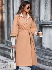 SHEIN Clasi Split Hem Belted Overcoat - Khaki - View 4