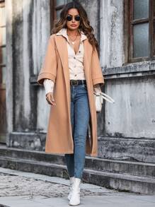 SHEIN Clasi Split Hem Belted Overcoat - Khaki - View 6