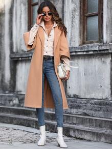 SHEIN Clasi Split Hem Belted Overcoat - Khaki - View 7