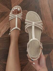 女性舒服的平底沙灘涼鞋適用於戶外和家庭使用,杏 - 杏色 - 查看 1