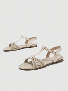 女性舒服的平底沙灘涼鞋適用於戶外和家庭使用,杏 - 杏色 - 查看 4