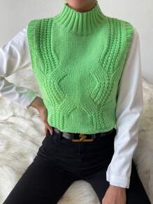 SHEIN Essnce 1pc Mock Neck Cable Knit Sweater Vest - Green - View 1