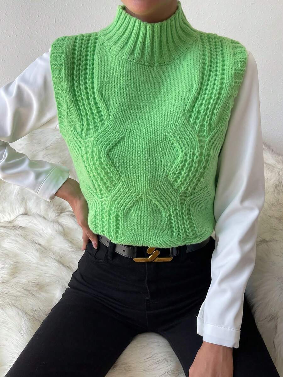 SHEIN Essnce 1pc Mock Neck Cable Knit Sweater Vest - Green - View 1