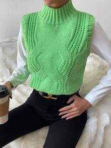 SHEIN Essnce 1pc Mock Neck Cable Knit Sweater Vest - Green - View 3