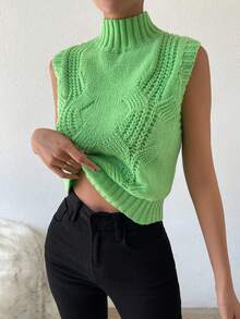 SHEIN Essnce 1pc Mock Neck Cable Knit Sweater Vest - Green - View 4