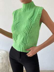 SHEIN Essnce 1pc Mock Neck Cable Knit Sweater Vest - Green - View 5
