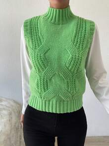 SHEIN Essnce 1pc Mock Neck Cable Knit Sweater Vest - Green - View 6