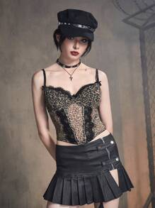 ROMWE Grunge Punk 豹纹印花对比蕾丝吊带背心 图案猎豹印花 T 恤 女式上衣 - 彩色 - 查看 4