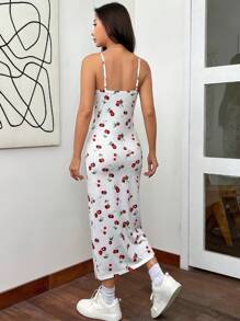 Muchica Vestido camisero ajustado casual con estampado de cerezas para mujer - Blanco - Ver 2