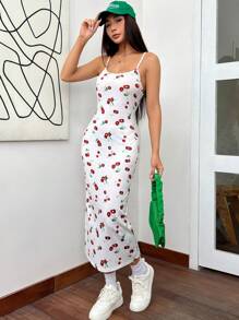 Muchica Vestido camisero ajustado casual con estampado de cerezas para mujer - Blanco - Ver 4