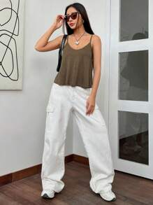 SHEIN EZwear Áo Cami trơn - Cà phê nâu - Xem 4