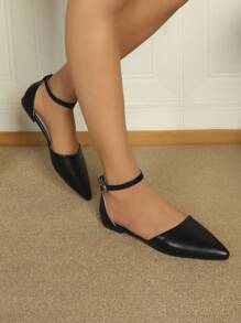 Ladies' Minimalist Pointed Toe Ankle Strap Flat Shoes - Black - View 7