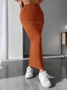 SHEIN PETITE Solid Ribbed Knit Pencil Skirt - Burnt Orange - View 1