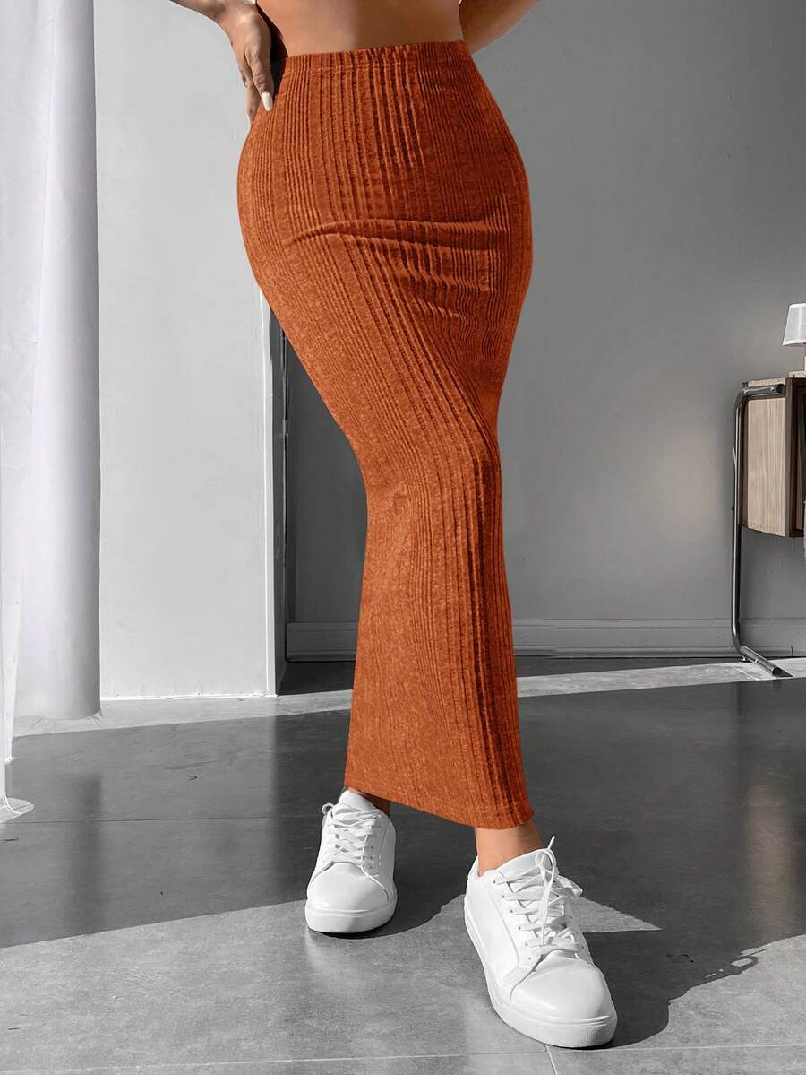 SHEIN PETITE Solid Ribbed Knit Pencil Skirt - Burnt Orange - View 1