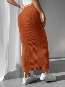 SHEIN PETITE Solid Ribbed Knit Pencil Skirt - Burnt Orange - View 2