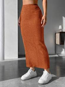SHEIN PETITE Solid Ribbed Knit Pencil Skirt - Burnt Orange - View 3