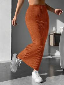 SHEIN PETITE Solid Ribbed Knit Pencil Skirt - Burnt Orange - View 4