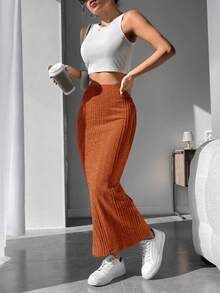 SHEIN PETITE Solid Ribbed Knit Pencil Skirt - Burnt Orange - View 6