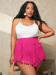 SHEIN CURVE+ 大碼流蘇下擺短褲 - 玫紅色 - 查看 1