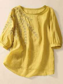 Blusa con bordado de planta bajo irregular - Amarillo - Ver 1