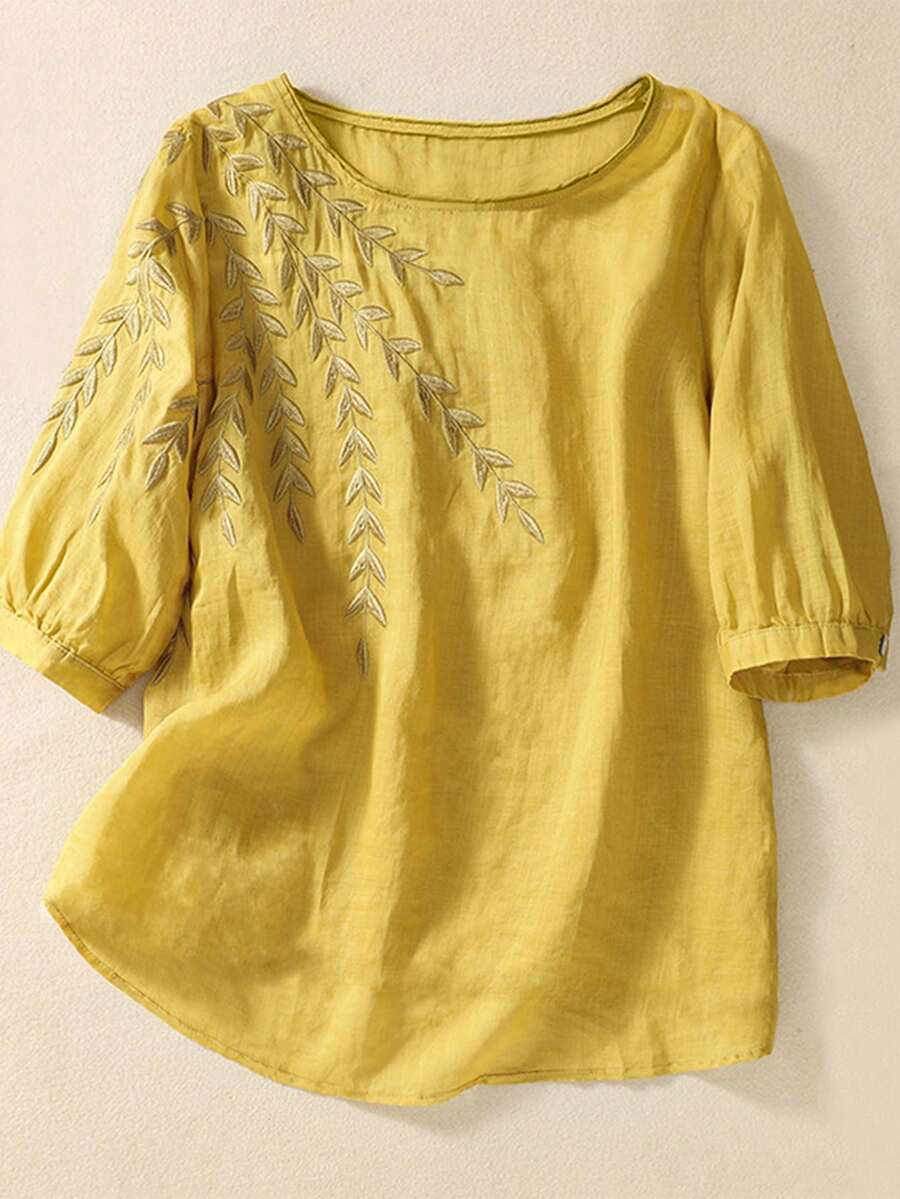 Blusa con bordado de planta bajo irregular - Amarillo - Ver 1
