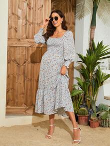 Maternity Ditsy Floral Print Square Neck Lantern Sleeve Ruffle Hem Dress - Dusty Blue - View 4