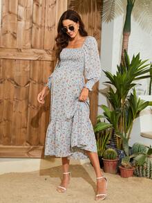 Maternity Ditsy Floral Print Square Neck Lantern Sleeve Ruffle Hem Dress - Dusty Blue - View 5