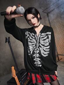 ROMWE Grunge Punk Skeleton Print Zip Up Hoodie - Black - View 1