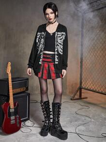 ROMWE Grunge Punk Skeleton Print Zip Up Hoodie - Black - View 2