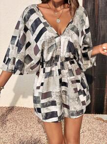 SHEIN VCAY 色塊拼接圖案蝙蝠袖後背繫帶連身短褲 - 彩色 - 查看 1