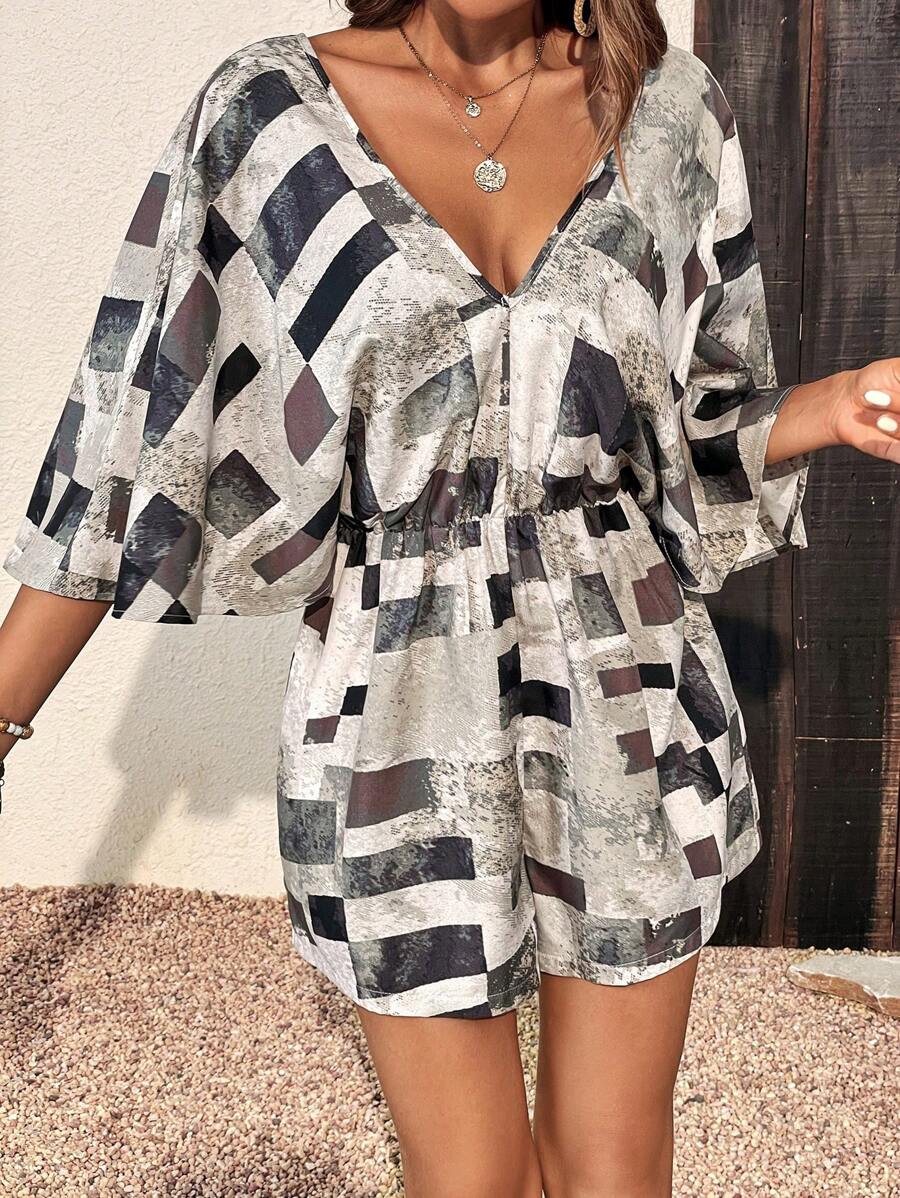 SHEIN VCAY 色塊拼接圖案蝙蝠袖後背繫帶連身短褲 - 彩色 - 查看 1