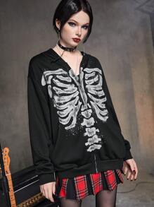 ROMWE Grunge Punk Skeleton Print Zip Up Hoodie - Black - View 5