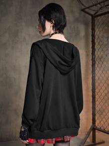 ROMWE Grunge Punk Skeleton Print Zip Up Hoodie - Black - View 6