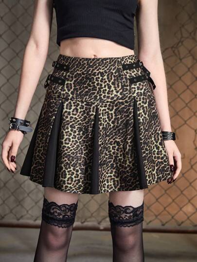 Grunge Punk Falda fruncido con estampado de leopardo