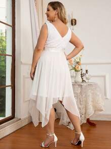 EVERPRETTY Plus Flattering Lace Contrast Chiffon Sleeveless Asymmetrical Hem Wedding Dress Bridal Shower Dress For Summer - White - View 2