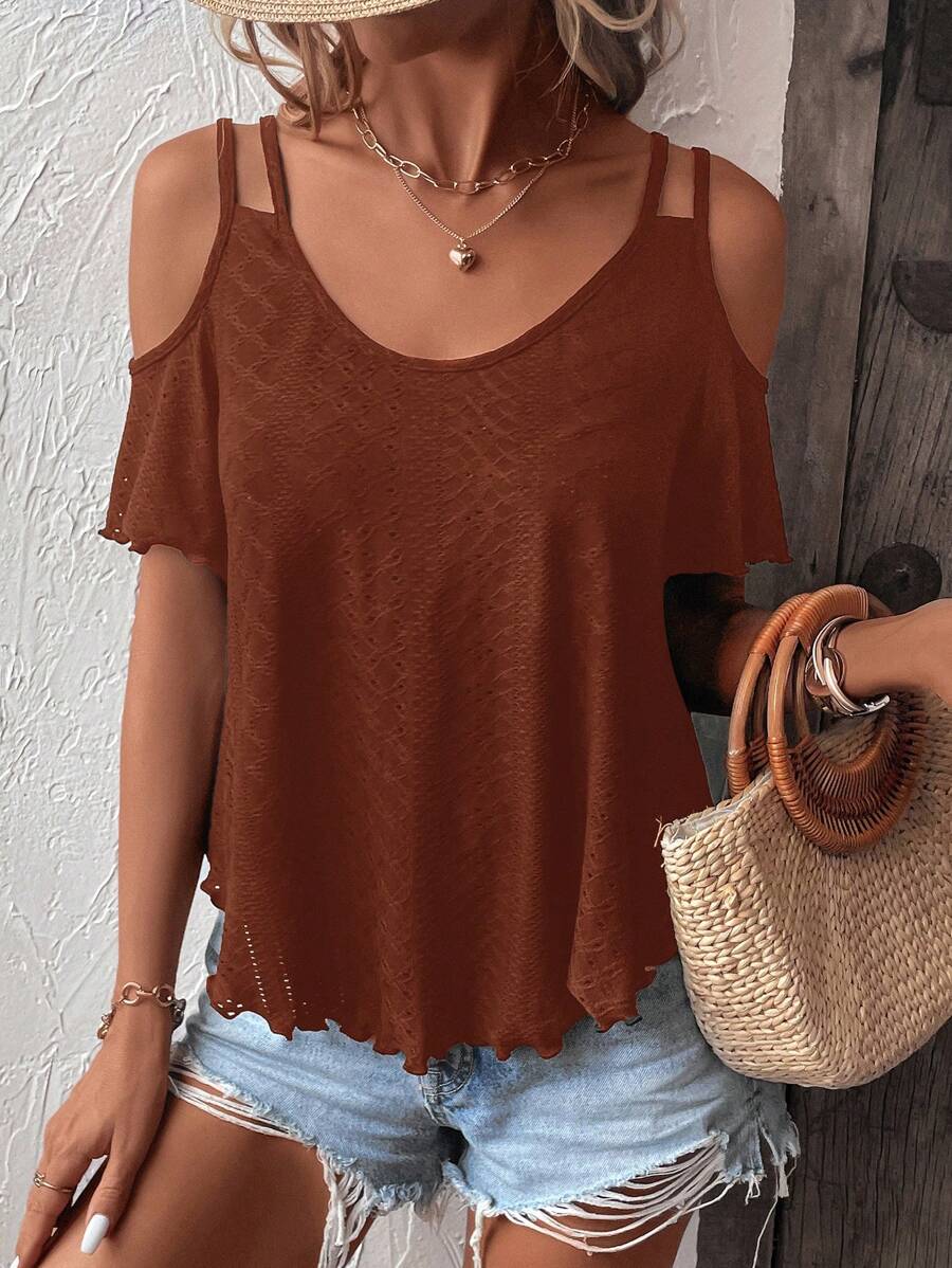 SHEIN LUNE 挖肩貝殼邊T恤 - 棕色 - 查看 1