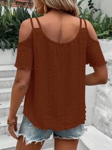 SHEIN LUNE 挖肩貝殼邊T恤 - 棕色 - 查看 2