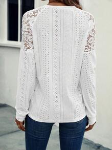 SHEIN LUNE 蕾絲拼接插肩袖T恤 - 白色 - 查看 2