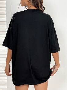 INAWLY Letter Graphic Drop Shoulder Tee Graphic Tees Women Tops - Black - View 2