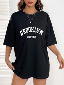INAWLY Letter Graphic Drop Shoulder Tee Graphic Tees Women Tops - Black - View 3