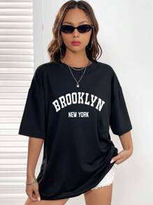 INAWLY Letter Graphic Drop Shoulder Tee Graphic Tees Women Tops - Black - View 4