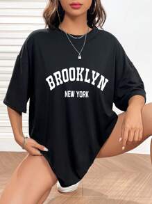 INAWLY Letter Graphic Drop Shoulder Tee Graphic Tees Women Tops - Black - View 5