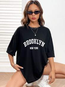 INAWLY Letter Graphic Drop Shoulder Tee Graphic Tees Women Tops - Black - View 6